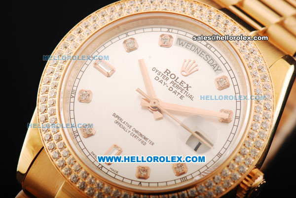 Rolex Day Date II Automatic Movement Full Rose Gold with Double Row Diamond Bezel - Diamond Markers and White Dial - Click Image to Close